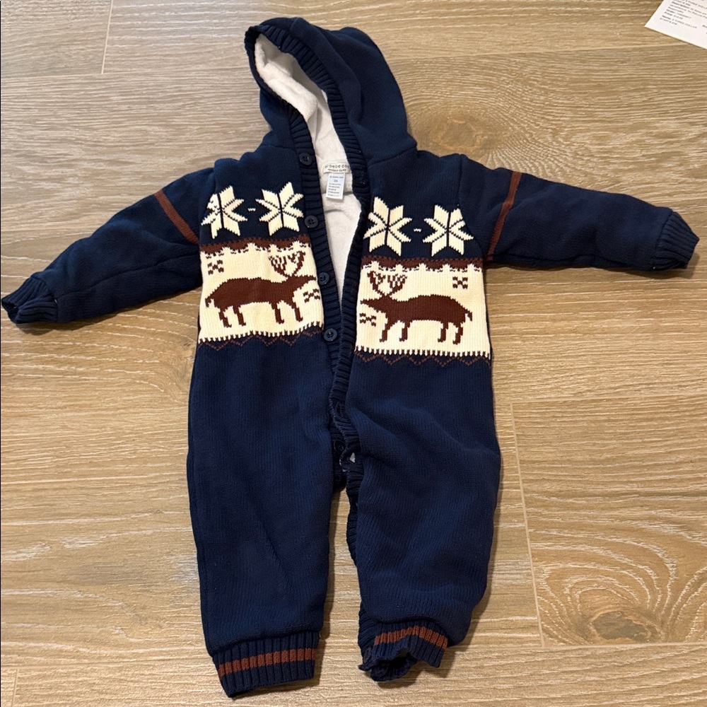 bebe Dark Blue Footie with Deer and Snowflake Motif